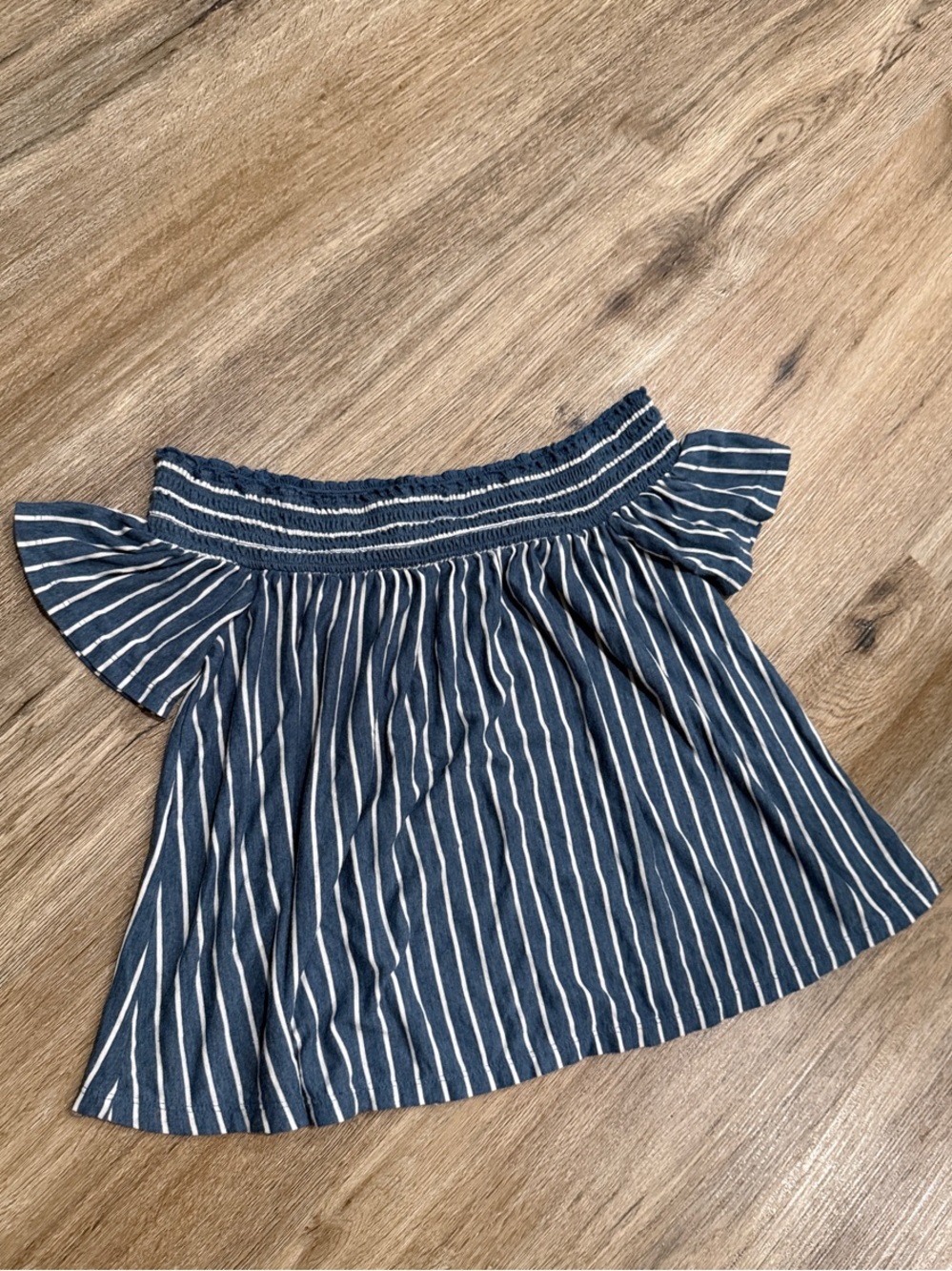 American Eagle Outfitters Blue and White Striped Off The Shoulder Top